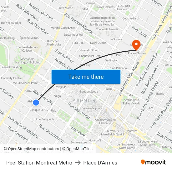 Peel Station Montreal Metro to Place D'Armes map