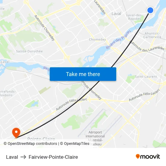 Laval to Fairview-Pointe-Claire map