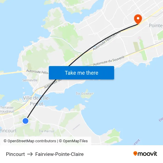Pincourt to Fairview-Pointe-Claire map