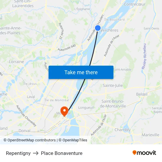 Repentigny to Place Bonaventure map