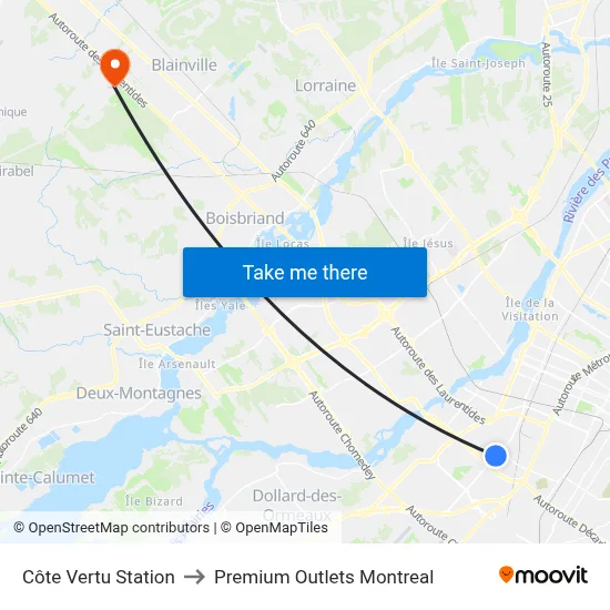 Côte Vertu Station to Premium Outlets Montreal map