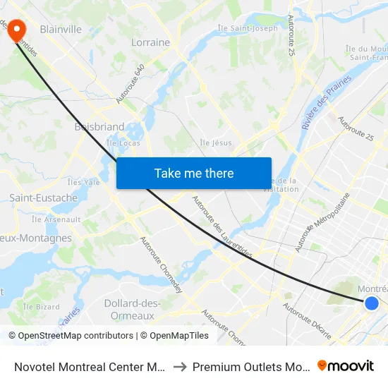 Novotel Montreal Center Montréal to Premium Outlets Montreal map