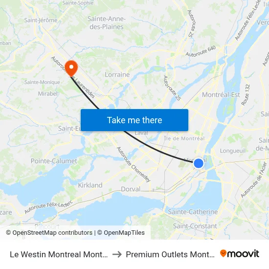 Le Westin Montreal Montréal to Premium Outlets Montreal map