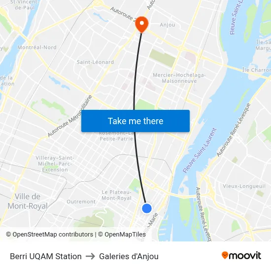 Berri UQAM Station to Galeries d'Anjou map