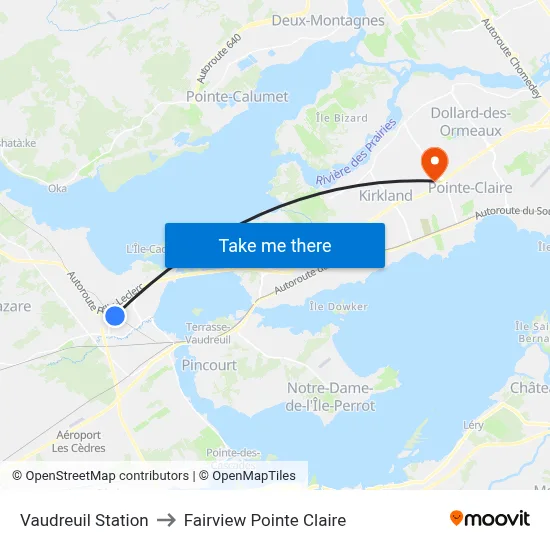 Vaudreuil Station to Fairview Pointe Claire map