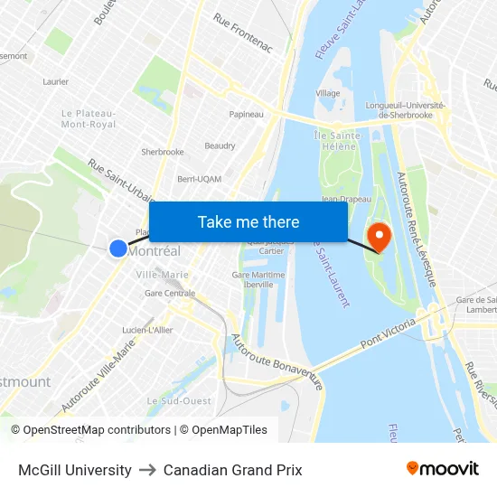 McGill University to Canadian Grand Prix map