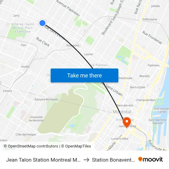 Jean Talon Station Montreal Metro to Station Bonaventure map