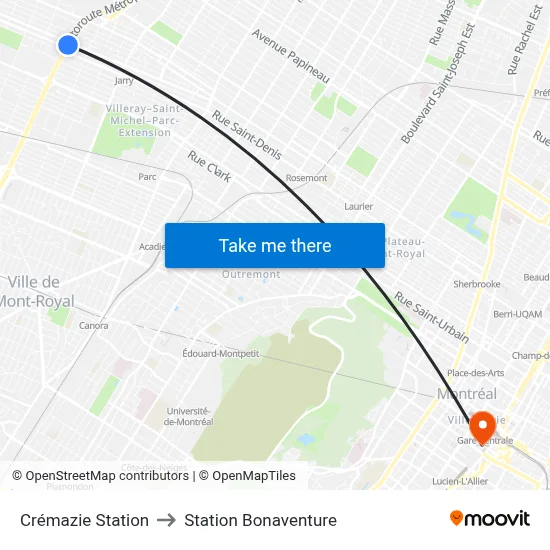 Crémazie Station to Station Bonaventure map