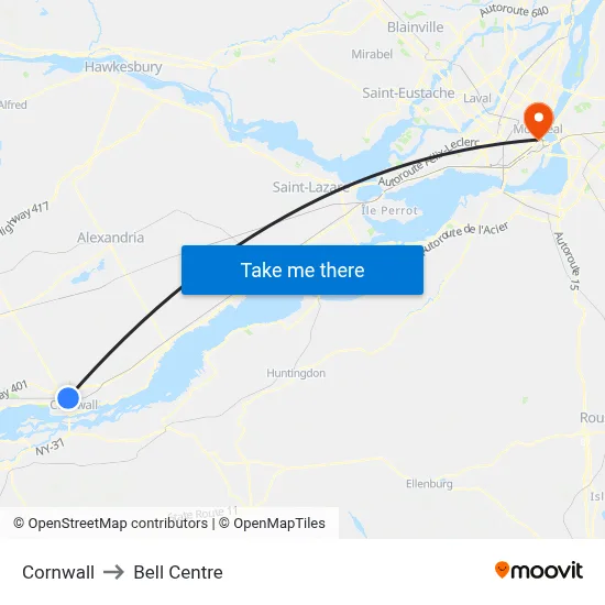Cornwall to Bell Centre map