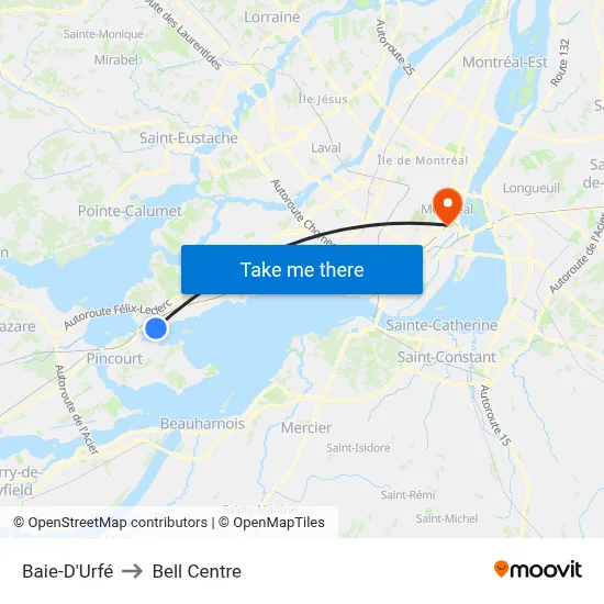 Baie-D'Urfé to Bell Centre map