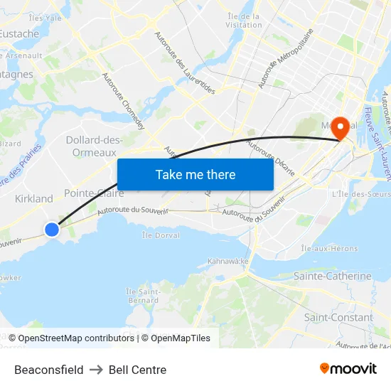 Beaconsfield to Bell Centre map