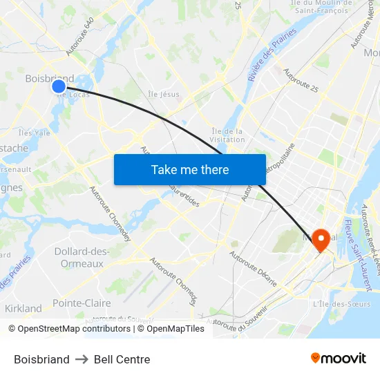 Boisbriand to Bell Centre map