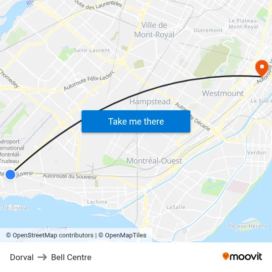 Dorval to Bell Centre map