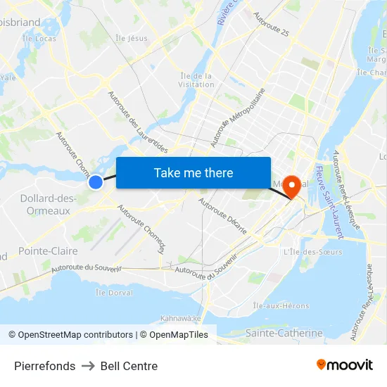 Pierrefonds to Bell Centre map