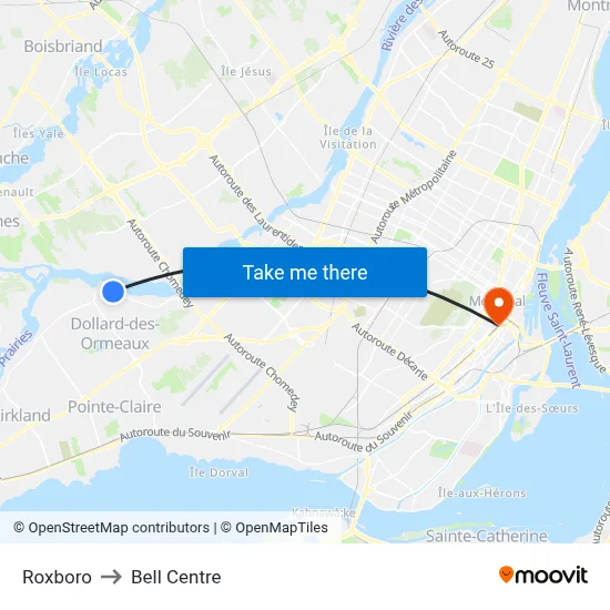 Roxboro to Bell Centre map