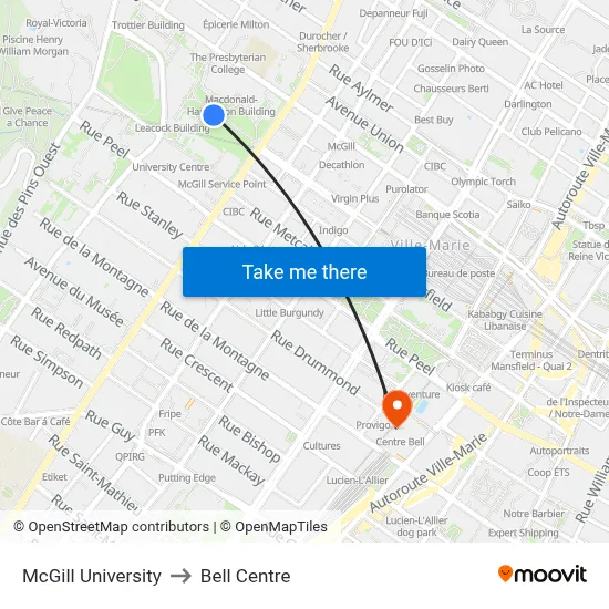 McGill University to Bell Centre map