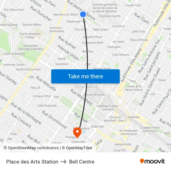 Place des Arts Station to Bell Centre map