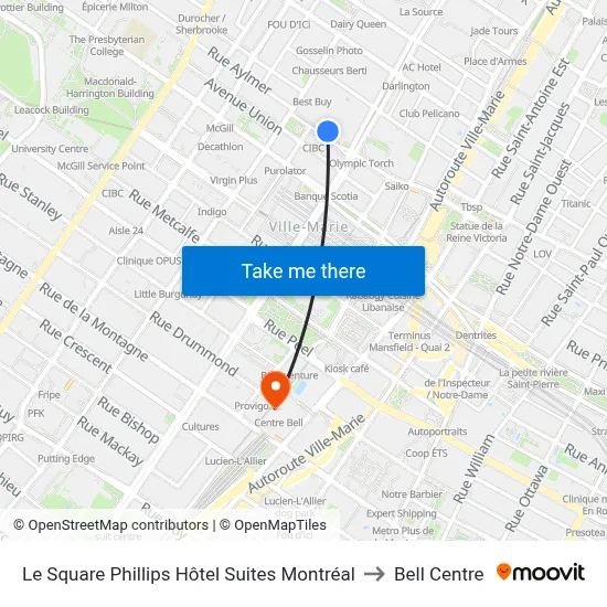 Le Square Phillips Hôtel Suites Montréal to Bell Centre map