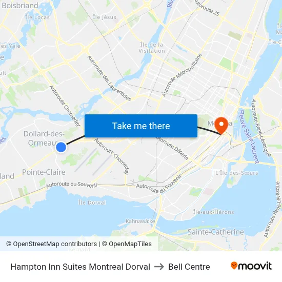 Hampton Inn Suites Montreal Dorval to Bell Centre map