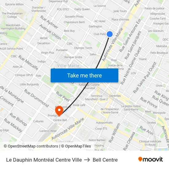 Le Dauphin Montréal Centre Ville to Bell Centre map