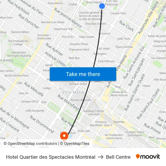 Hotel Quartier des Spectacles Montréal to Bell Centre map