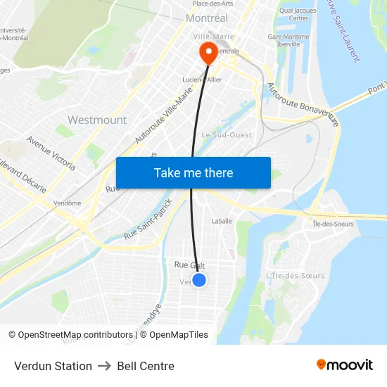 Verdun Station to Bell Centre map