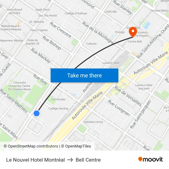 Le Nouvel Hotel Montréal to Bell Centre map