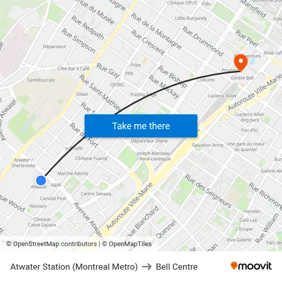 Atwater Station (Montreal Metro) to Bell Centre map