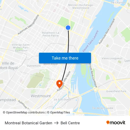 Montreal Botanical Garden to Bell Centre map