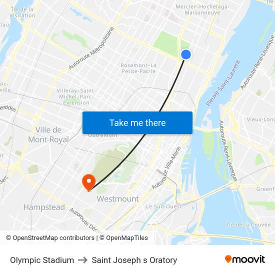 Olympic Stadium to Saint Joseph s Oratory map