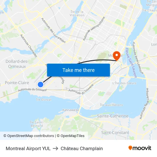 Montreal Airport YUL to Château Champlain map