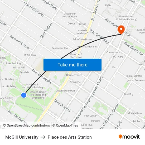 McGill University to Place des Arts Station map
