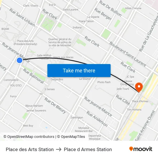 Place des Arts Station to Place d Armes Station map