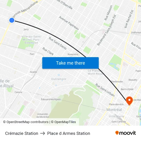 Crémazie Station to Place d Armes Station map