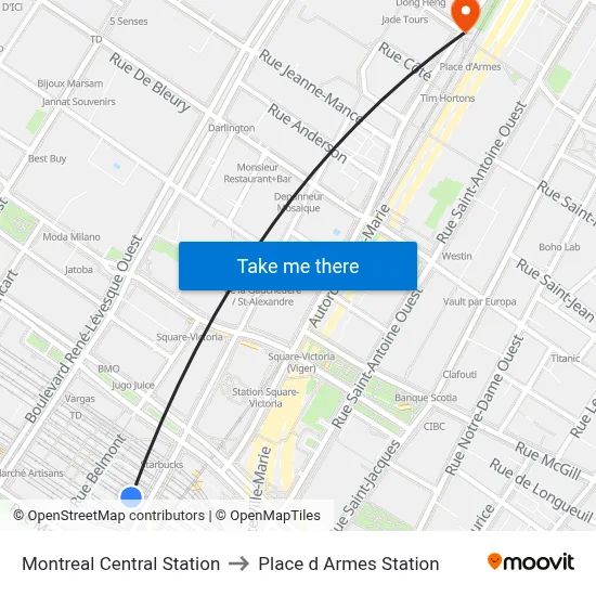 Montreal Central Station to Place d Armes Station map