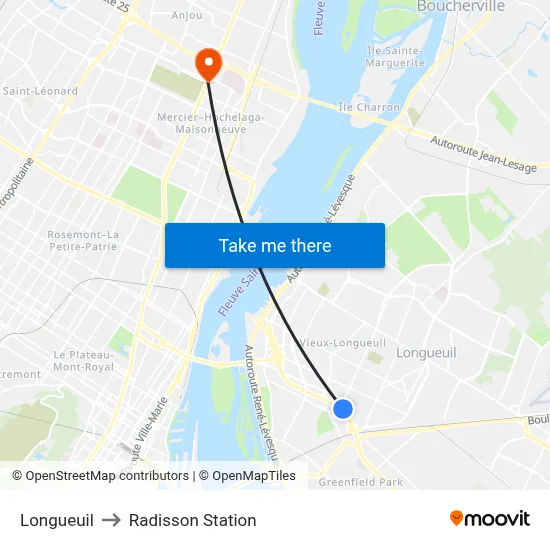 Longueuil to Radisson Station map