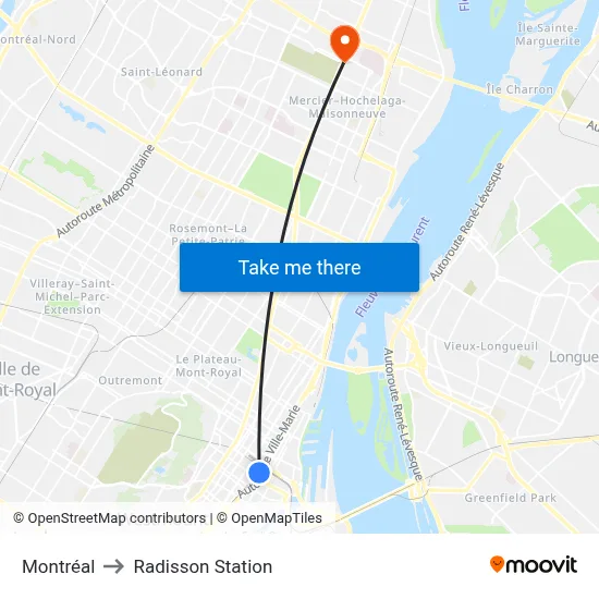 Montréal to Radisson Station map
