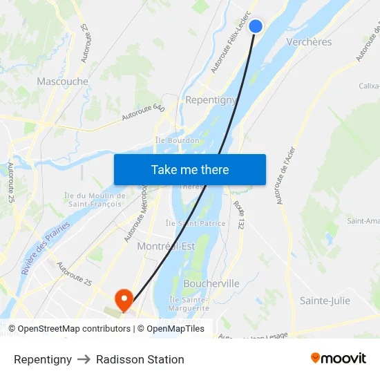 Repentigny to Radisson Station map