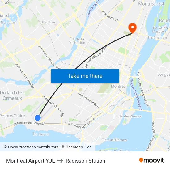 Montreal Airport YUL to Radisson Station map