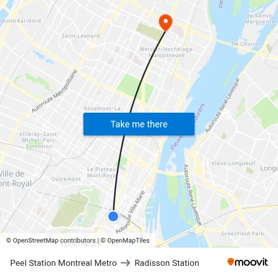 Peel Station Montreal Metro to Radisson Station map