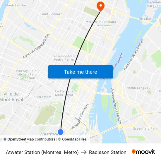 Atwater Station (Montreal Metro) to Radisson Station map