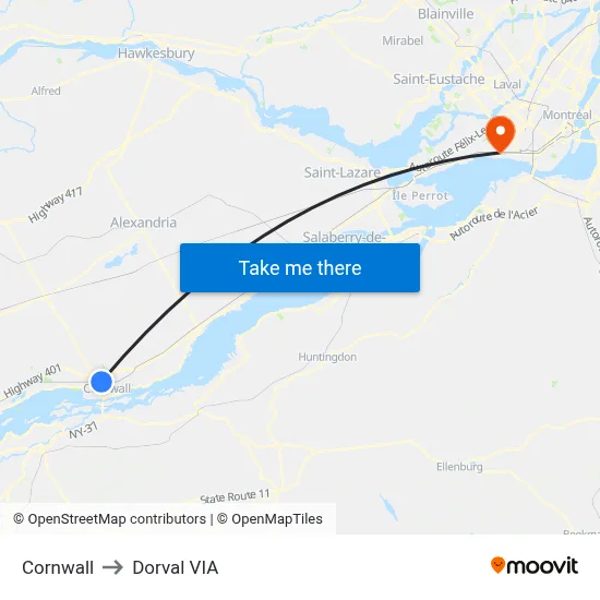 Cornwall to Dorval VIA map