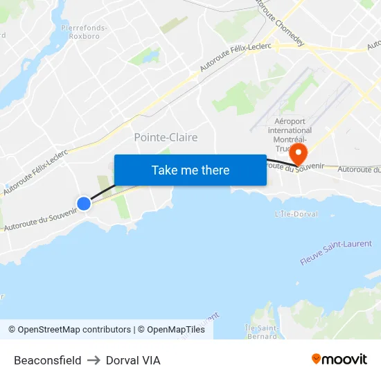 Beaconsfield to Dorval VIA map