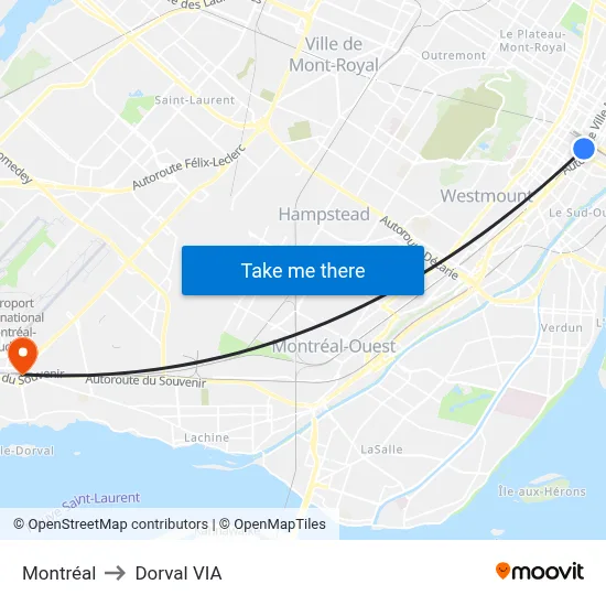 Montréal to Dorval VIA map