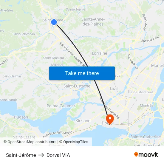 Saint-Jérôme to Dorval VIA map