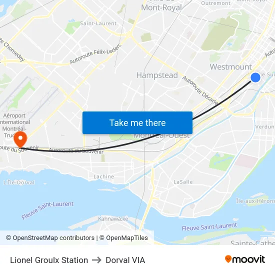 Lionel Groulx Station to Dorval VIA map