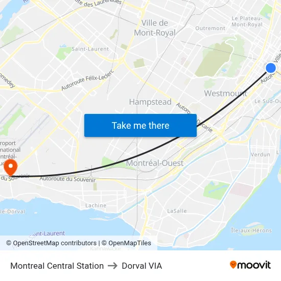 Montreal Central Station to Dorval VIA map