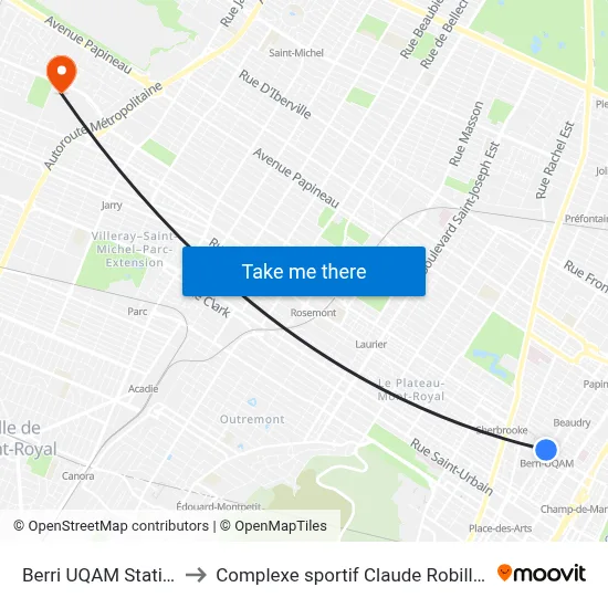 Berri UQAM Station to Complexe sportif Claude Robillard map