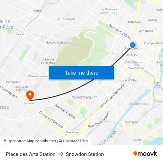 Place des Arts Station to Snowdon Station map