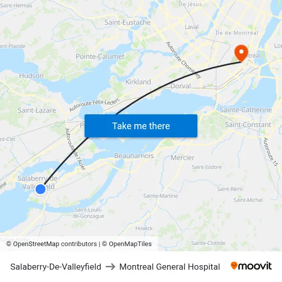 Salaberry-De-Valleyfield to Montreal General Hospital map